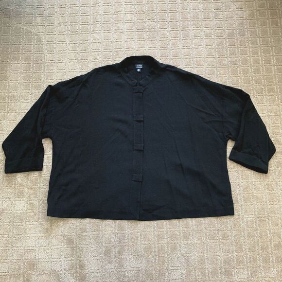 Eileen Fisher Button Down Blouse Jacket Women's L Black Wool Blend 3/4 Sleeve - Picture 1 of 10